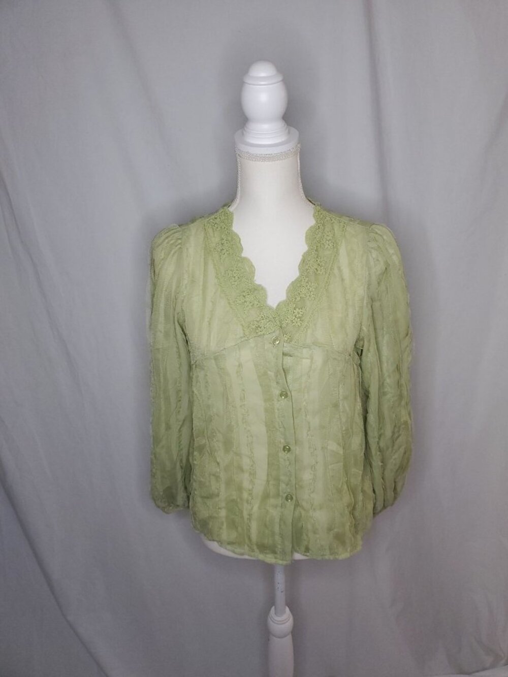 Dazy Mesh Frilly Button Up Blouse Top Lace Collar & Sleeve Shirt Y2K  Small
